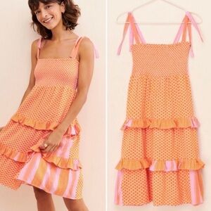 Cecilie Copenhagen Minami Orange Pink Tiered Ruffle Mini‎ Dress